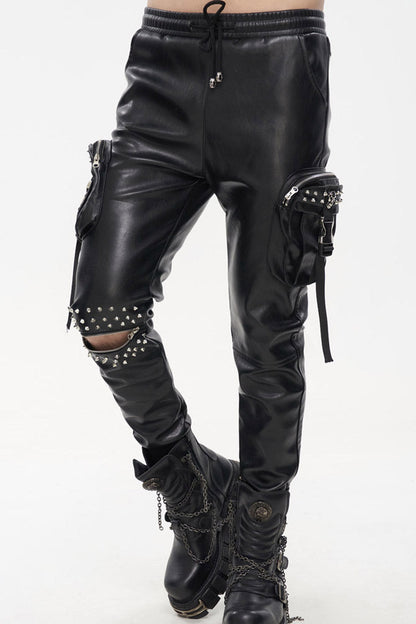 Black Punk Leather Metal Rivets Zipper Stereoscopic Side Pockets Men's Pants