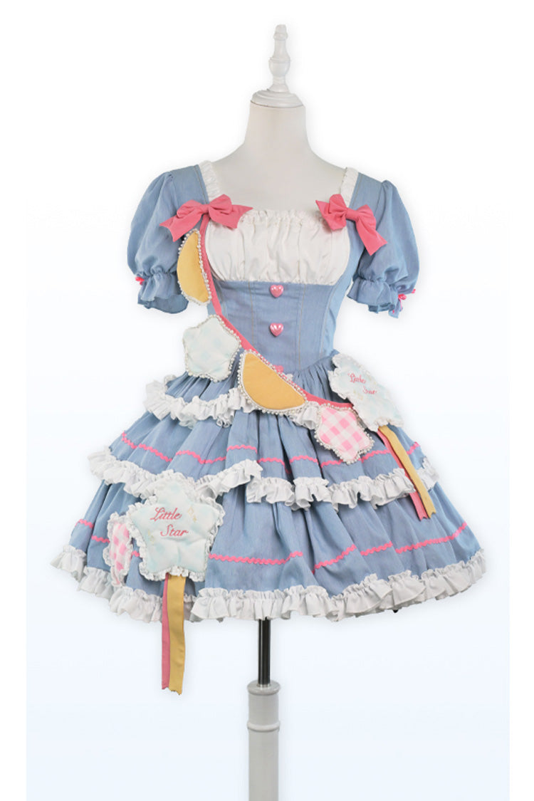 Blue/Pink Garden Party Short Puff Sleeves Multi-layer Ruffle Bowknot Sweet Lolita Dress