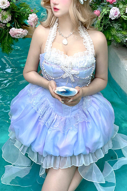 Blue [Starlight Jellyfish Princess] Halterneck Sleeveless Ruffle Lace Sweet Lolita Jsk Dress
