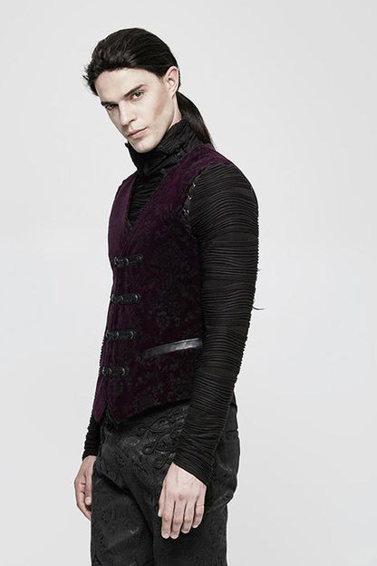 Red Gothic Velveteen Printing Front Metal Buckle Weave Strap Men's Vest