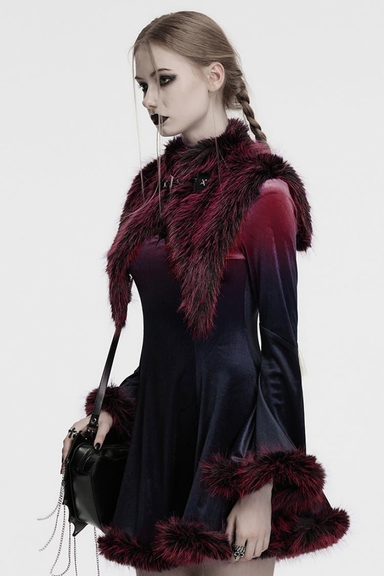 Red Stand Collar Sleeveless Gradient Faux Fur Women's Gothic Cape