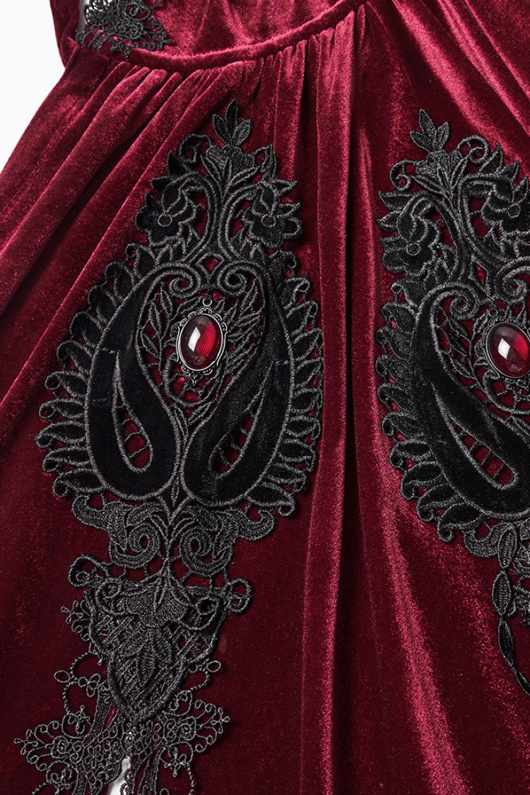 Red Floral Embroidery Diamante Velvet Hooded Women's Gothic Cloak