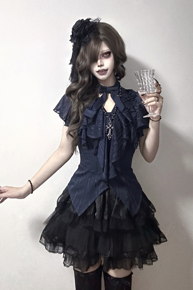 Blue Ruffled Bow Gothic Japanese Lolita Blouse