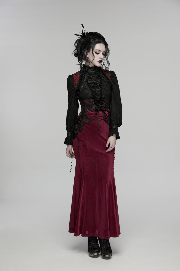Black/Red Jacquard Embroidered Lace Lace-Up Slim Women's Gothic Vest