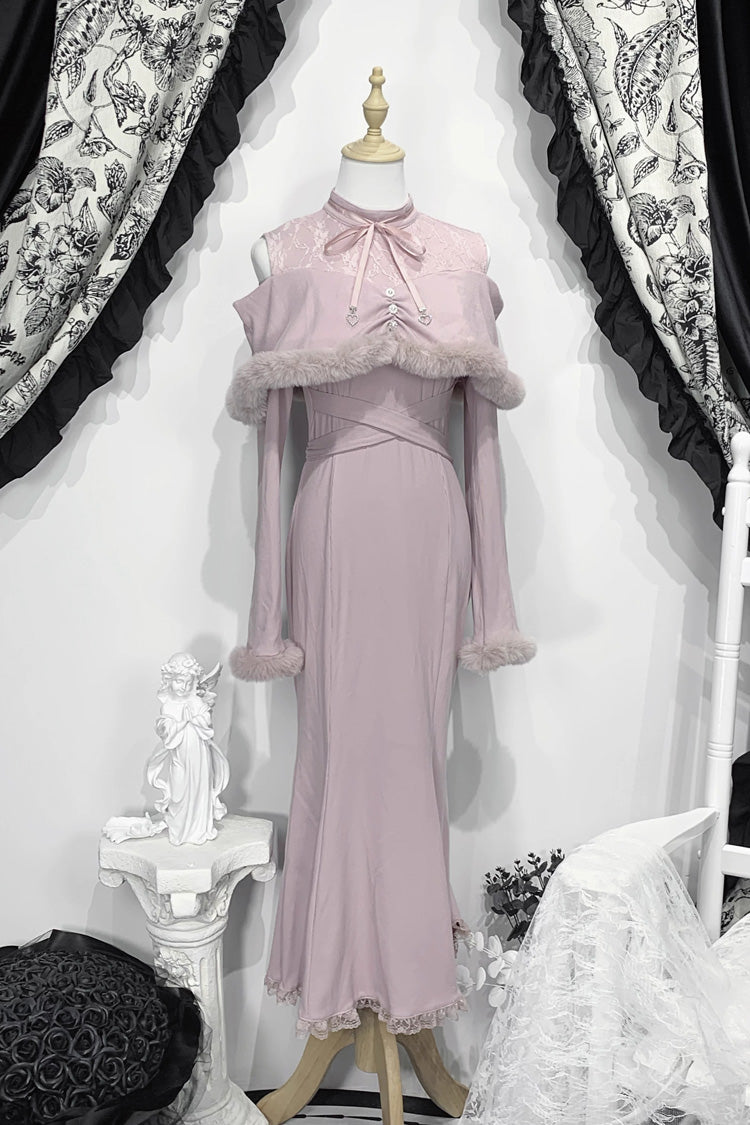 Jirai Kei Stand Collar Off Shoulder Long Sleeves Embroidered Lace Sweet Japanese Fishtail Dress 2 Colors