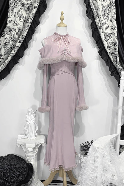 Jirai Kei Stand Collar Off Shoulder Long Sleeves Embroidered Lace Sweet Japanese Fishtail Dress 2 Colors