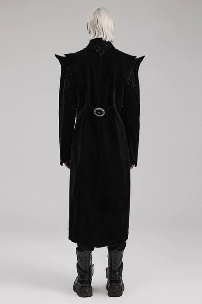 Black Stand Collar Jacquard Print Waist Cord Decoration Mens Gothic Mid Length Coat