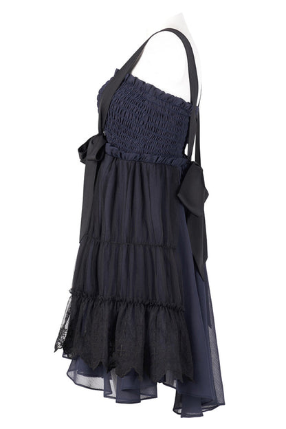 Blue Strap Big Bow Streamer Super Cool Stitching Lace Suspender Women's Gothic Dress