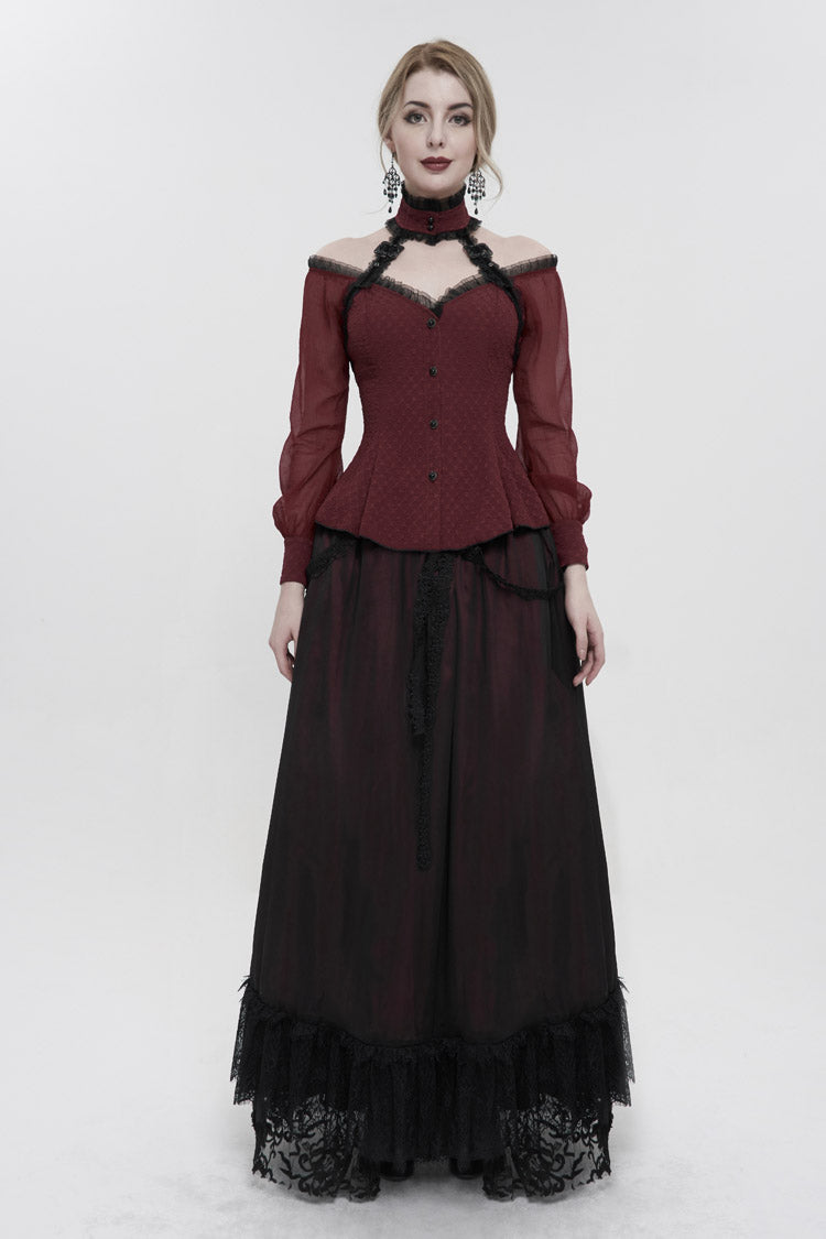 Red Lace Trim Panel Adjustable Back Long Sleeve Women's Gothic Shirt