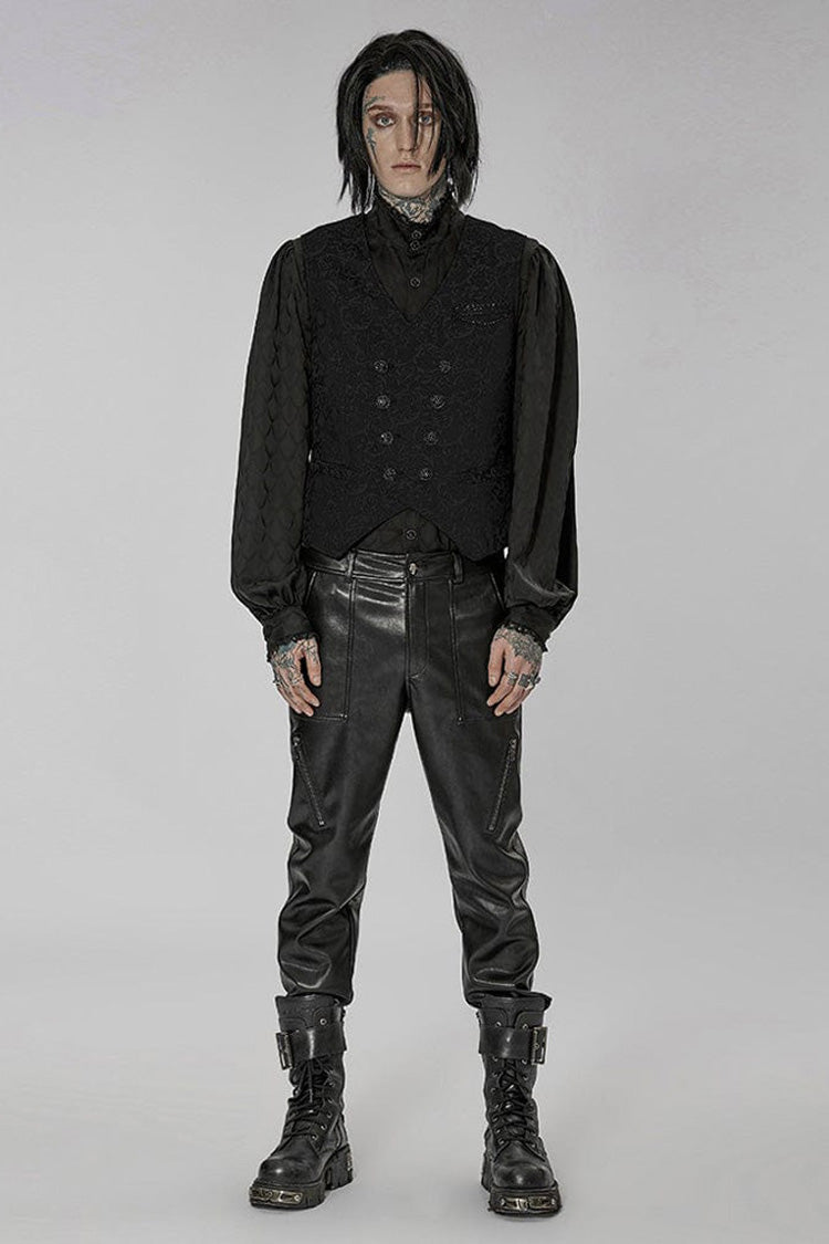 Black Punk Gorgeous V Neck Asymmetrical Relief Sculpture Jacquard Double Row Hand Seam Button Men's Vest