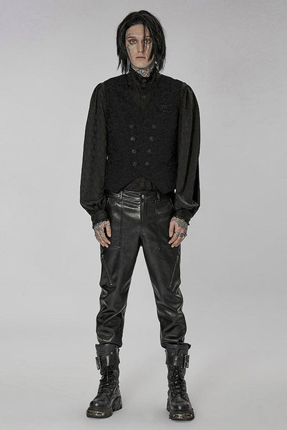Black Punk Gorgeous V Neck Asymmetrical Relief Sculpture Jacquard Double Row Hand Seam Button Men's Vest
