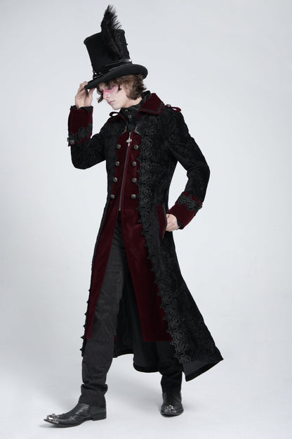Black/Red Lapel Collar Embroidery Zipper Men's Gothic Handsome Coat