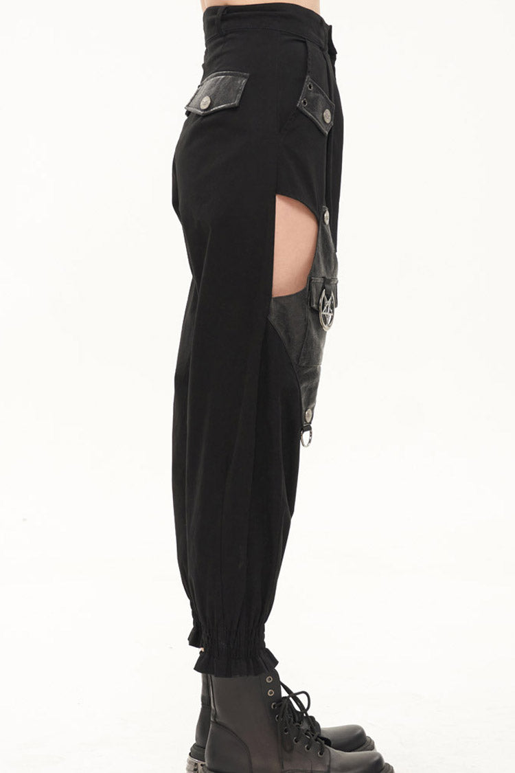 Black Punk Cutout Leather Splicing Detachable Metal Chain Women's Long Pants