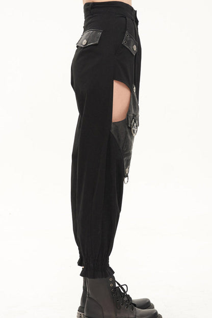 Black Punk Cutout Leather Splicing Detachable Metal Chain Women's Long Pants
