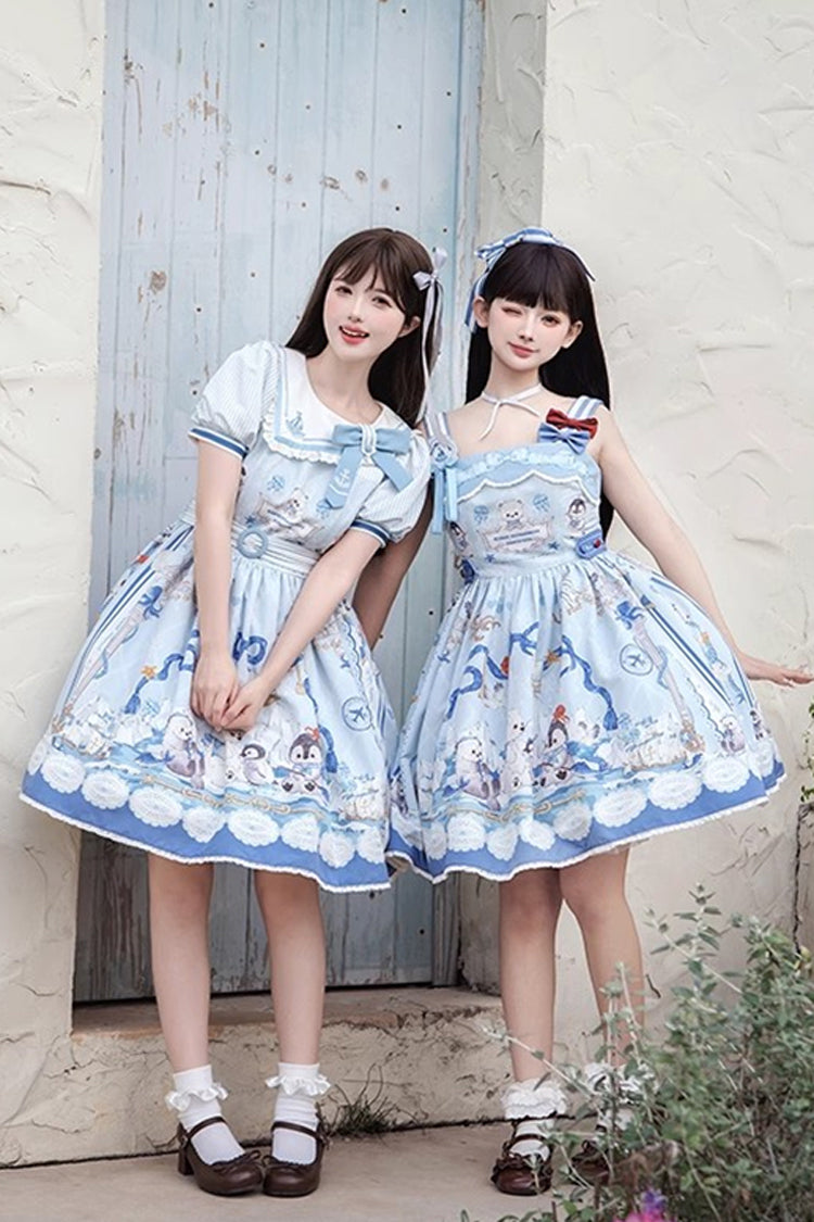 Blue [Penguin Navy] Print Ruffle Bowknot Sweet Princess Lolita Jsk Dress