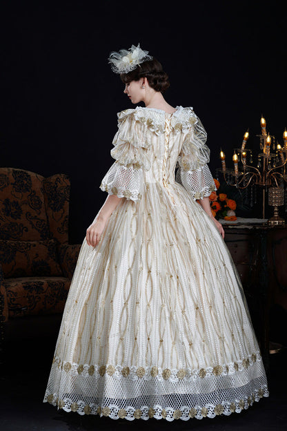 Champagne Long Puff Sleeves Ruffled Cut-Out Mesh Classic Vintage Palace Lolita Victorian Dress