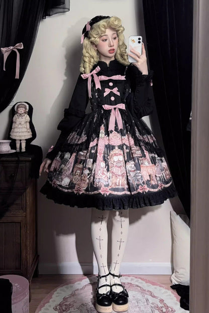 Black [The Case of the Missing Lamb] Print Ruffle Bowknot Lace Gothic Lolita Jsk Dress