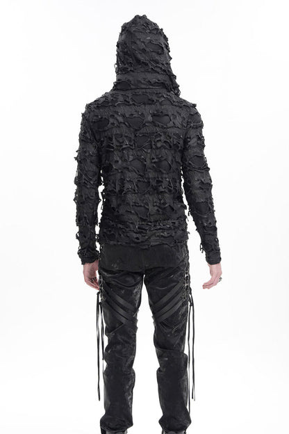 Black Studs Long Sleeves Lace-Up Ripped Men's Gothic Hooded Coat