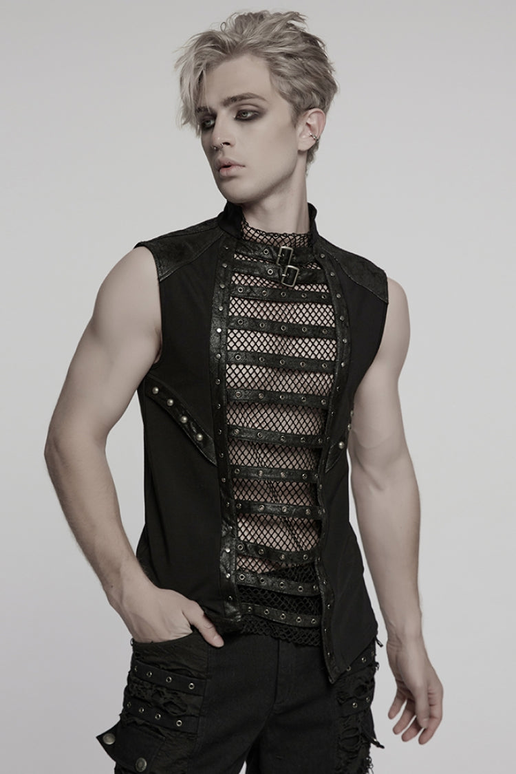 Black Sleeveless Stitching Mesh Eyelet Straps Men's Punk Vest