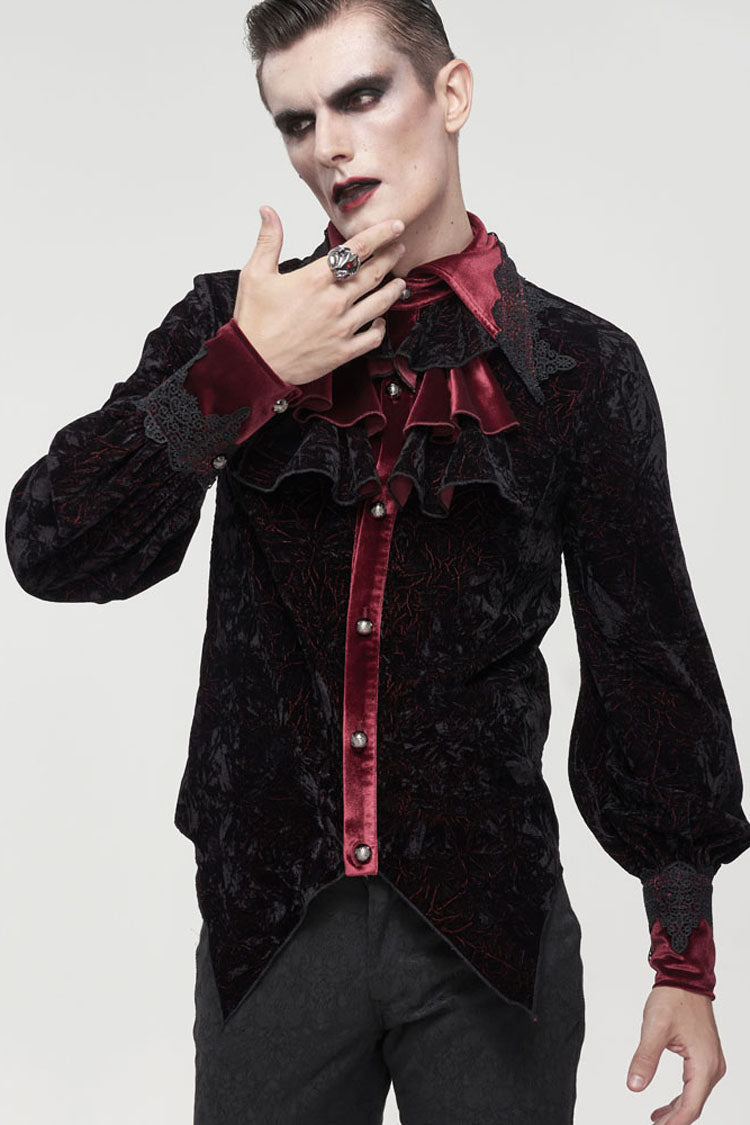 Black/Red Gothic Lace Stand Collar Ruffle Lantern Sleeves Velvet Crack Men's Shirt
