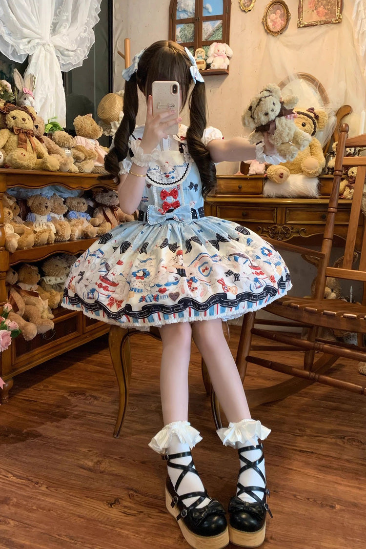 Blue [Mystery Rabbit Tea Party] Sleeveless Print Bowknot Lace Sweet Lolita Strap Dress