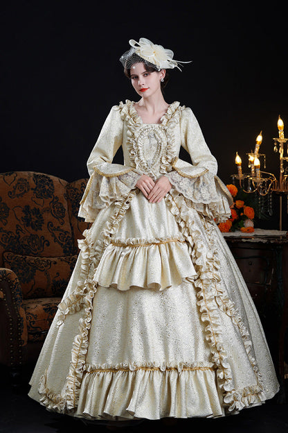 Champagne Square Collar Long Trumpet Sleeves Double-Layered Ruffled Open-Front Classic Vintage Palace Lolita Victorian Dress