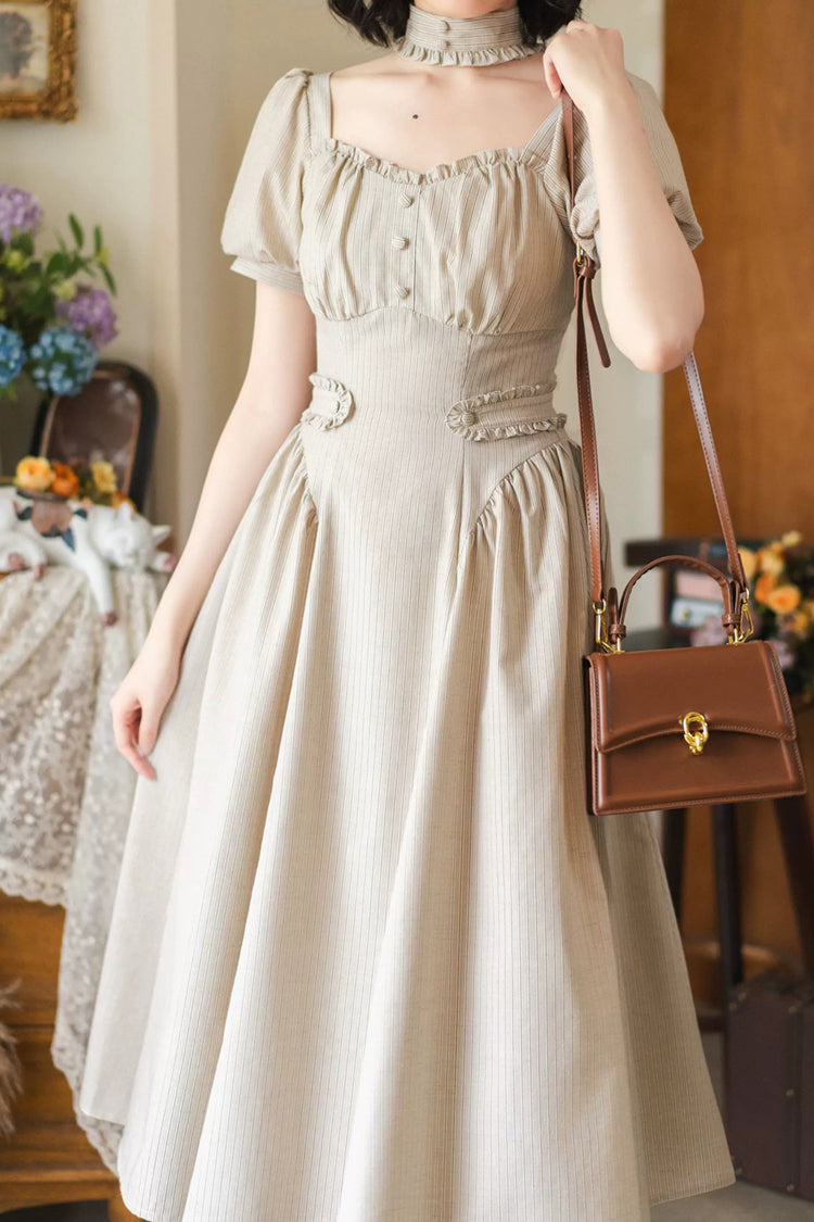Light Khaki [Chantilly Forest] Square Collar Short Sleeves Striped Printed Ruffled Classic Vintage Elegant Lolita Dress