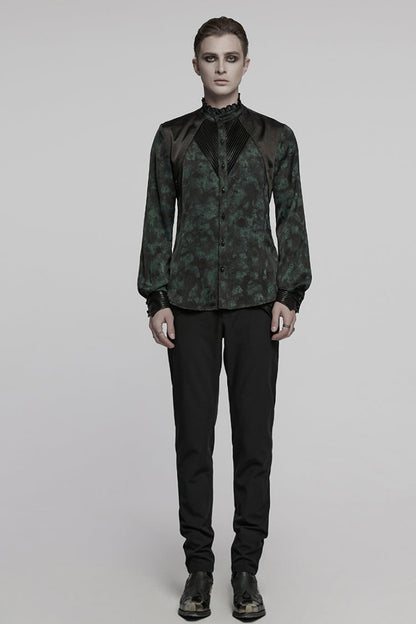 Black/Green Stand Collar Long Sleeves Ruffle Pleated Men's Gothic Blouse