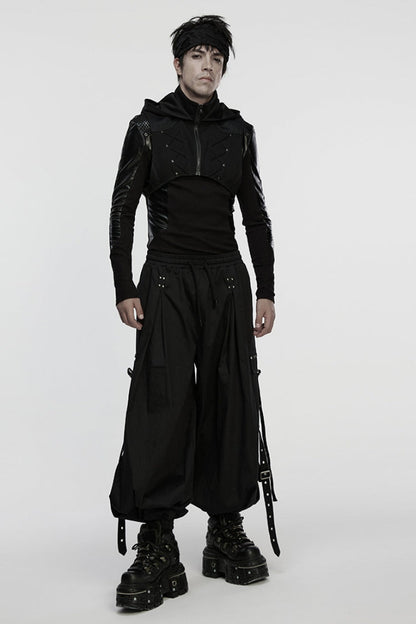 Black Stand Collar Sleeveless Hooded Zipper Men's Punk Vest
