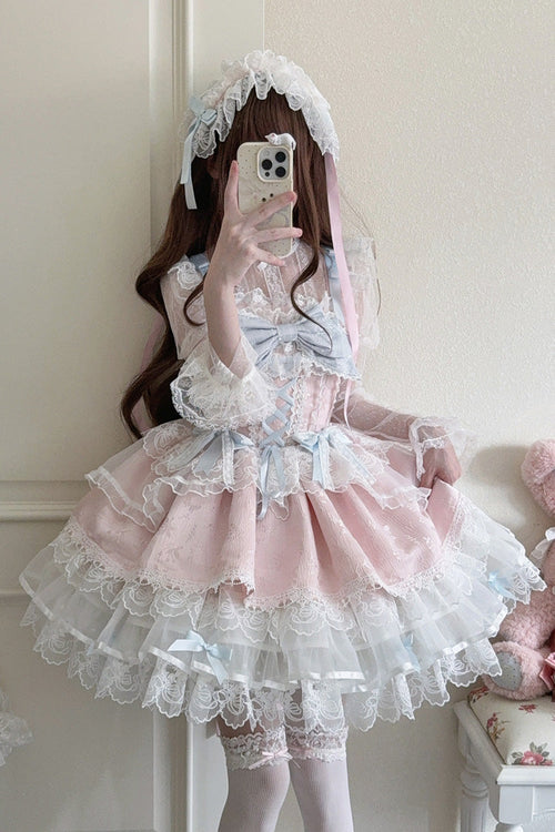 Pink [Fleishi Island] Sleeveless Ruffle Bowknot Lace Slim Sweet Ballet Lolita Jsk Dress