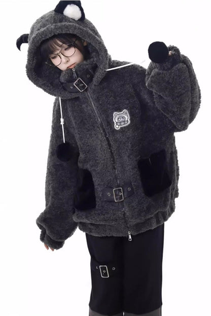 Black/Grey [Little Hibernating Bear] Long Sleeves Hooded Zippered Sweet Lolita Coat and Pants Set