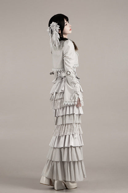 Solid Color [Bionic Doll] Square Collar Multi-Layered Ruffle Bowknot Lace-Up Gothic Lolita Fishtail Skirt Corset Set