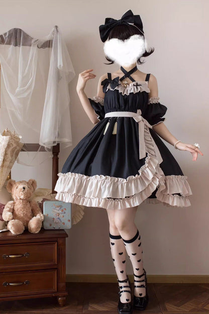 Black [Monet Estate] Sleeveless High Waisted Ruffle Bowknot Asymmetric Gothic Lolita Jsk Dress