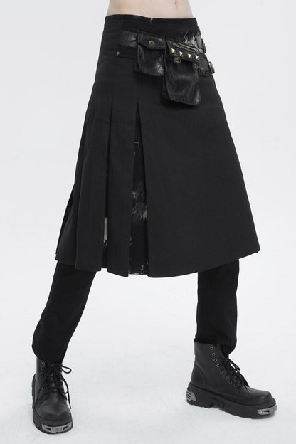 Black Tie-Dye Patchwork With Waist Bag Men's Gothic Skirt