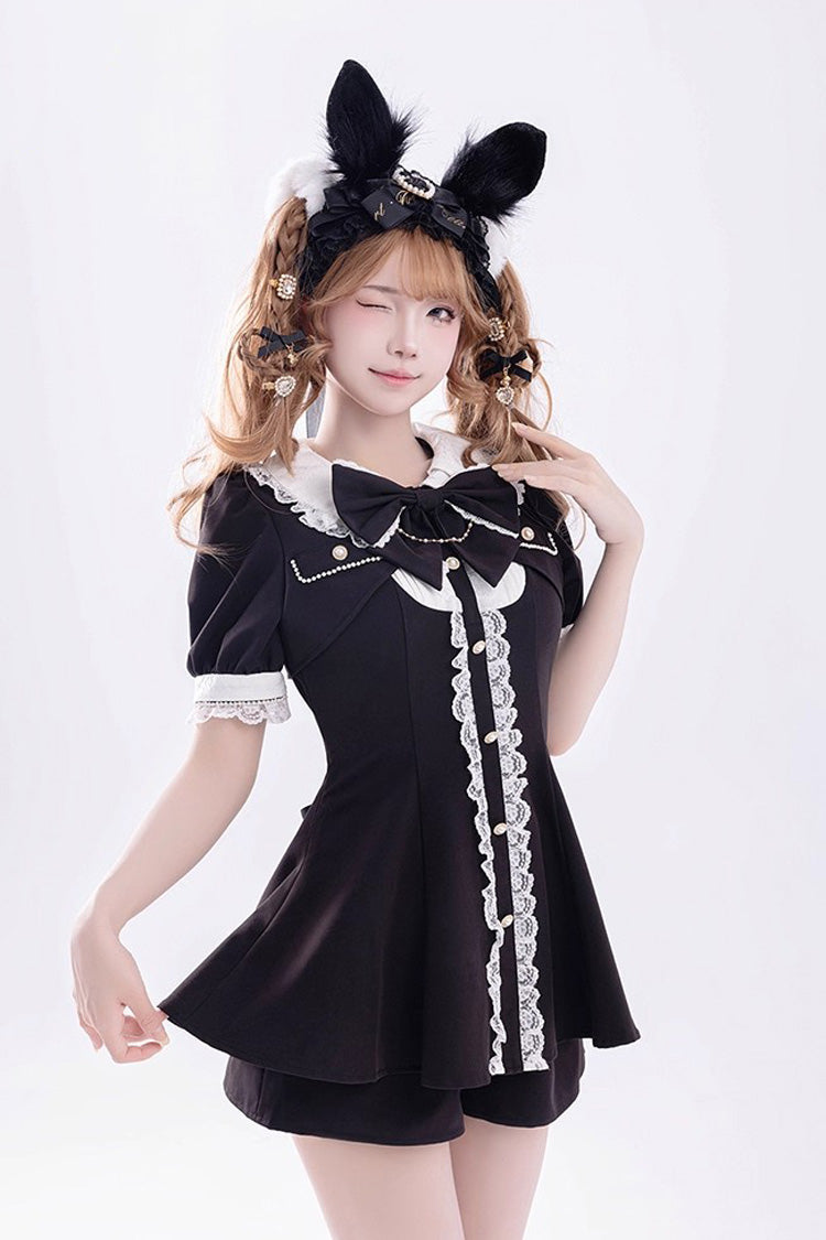 Black Short Sleeves Ruffle Bowknot Fake Two Pieces Jirai Kei Japanese Dress Shorts
