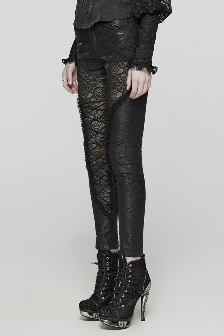 Black Print Stitching Lace Lace-Up Slim Women's Gothic Leggings