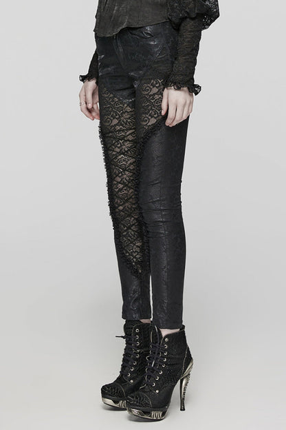 Black Print Stitching Lace Lace-Up Slim Women's Gothic Leggings