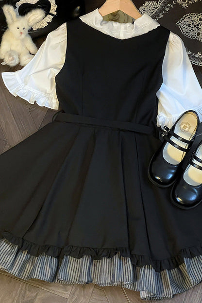Black Ruffle Bowknot College Style Gothic Lolita Strap Dress