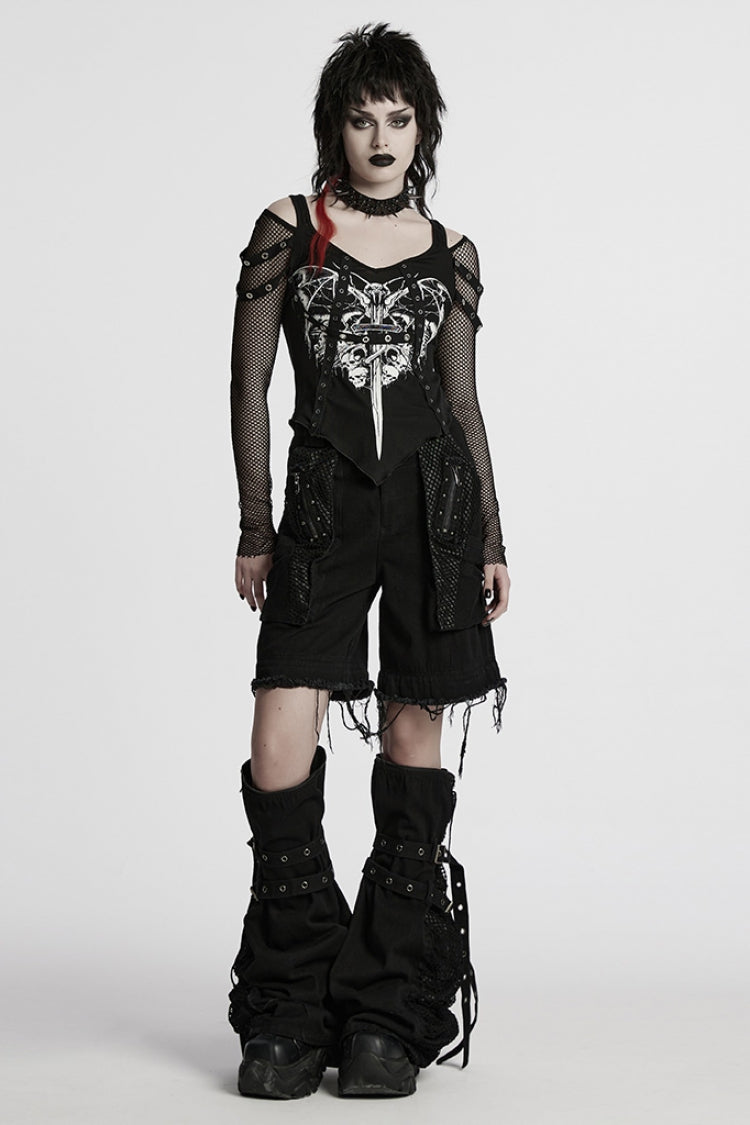 Black Stitching Mesh Unedged Detachable Women's Punk Pants