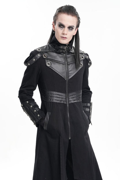 Black Stand Collar Eyelets Buckle-up Ring Long Sleeves Stitching Men's Gothic Coat