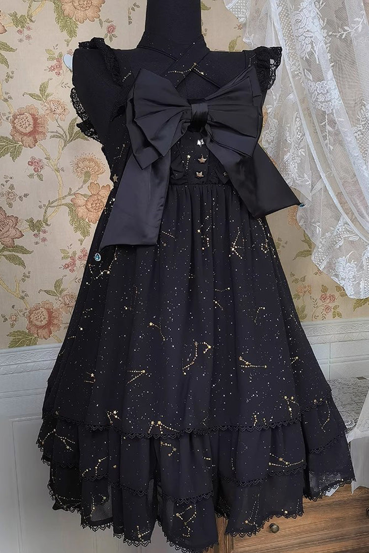 Black Triple-Layered Ruffle Hot Stamping Bowknot Classic Gothic Princess Lolita Jsk Dress