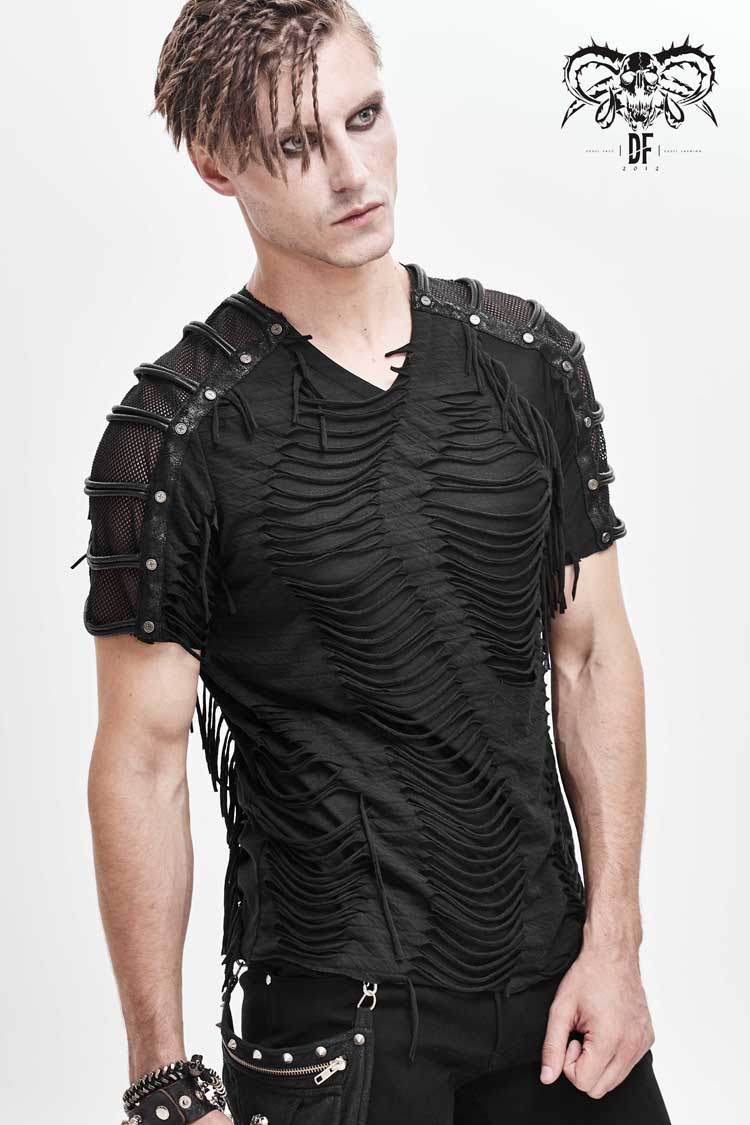 Black Tattered Striped Shoulder Splice Mesh Short Sleeve Men's Punk T-Shirt