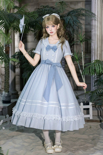 Blue [Seven Day Bell] Navy Collar Short Sleeves Printed Ruffled Bow Sweet Lolita Dress 2 Versions