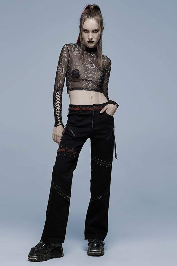 Black/White Gothic Personality Skull Print Pattern Elasticity Mesh Tight Sexy Perspective Tie Cord At Cuff Women's Shirt