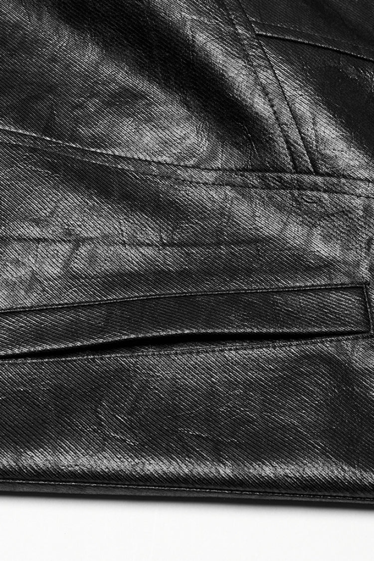 Black Stand Collar Long Sleeves Faux Leather Buckle Men's Punk Coat