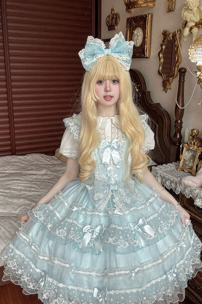 Blue [Lotus Butterfly Heart] Multi-Layered Ruffle Hanayome Bowknot Lace Sweet Lolita Jsk Dress