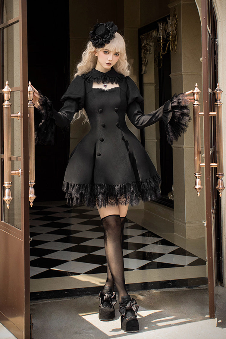 Black [Midnight Whisper] Double-breasted Short Sleeves Hollow Gothic Lolita Dress