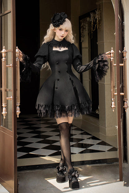 Black [Midnight Whisper] Double-breasted Short Sleeves Hollow Gothic Lolita Dress