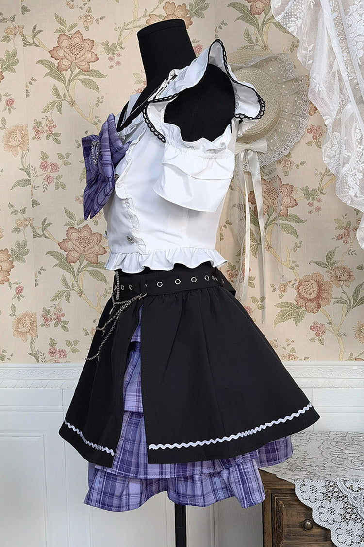 Black/White Short Sleeves Print Bowknot Sweet Jirai Kei Skirt Set