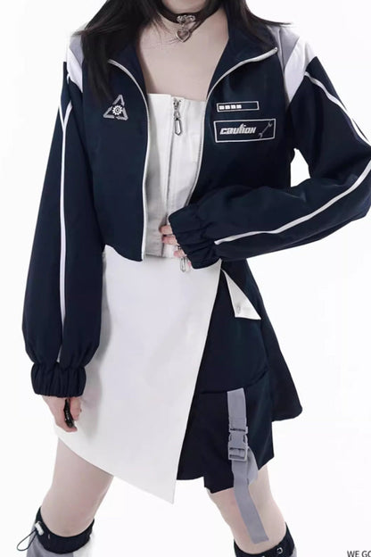 Blue/White [Message Overload] Techwear Long Sleeves Embroidered Asymmetric Zippered Jirai Kei Dress Short Coat Set